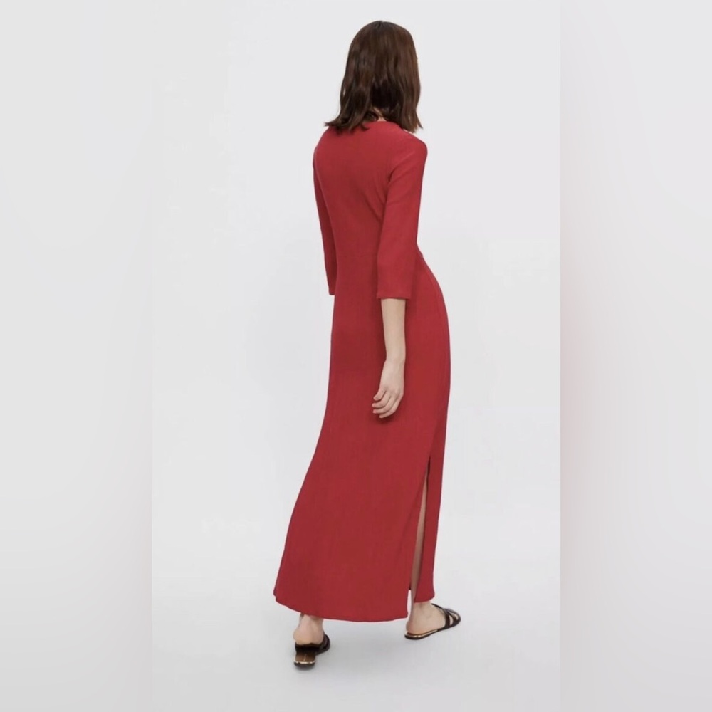 Zara 3/4 Sleeve Red Textured Midi Dress Size Small